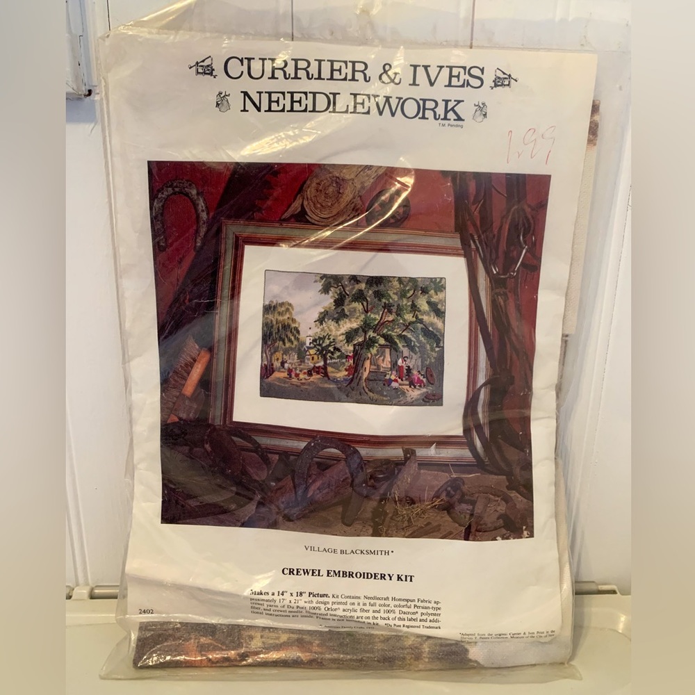 Vintage Currier & Ives Needlework Crewel Kit 14x18 Village Blacksmith Embroidery